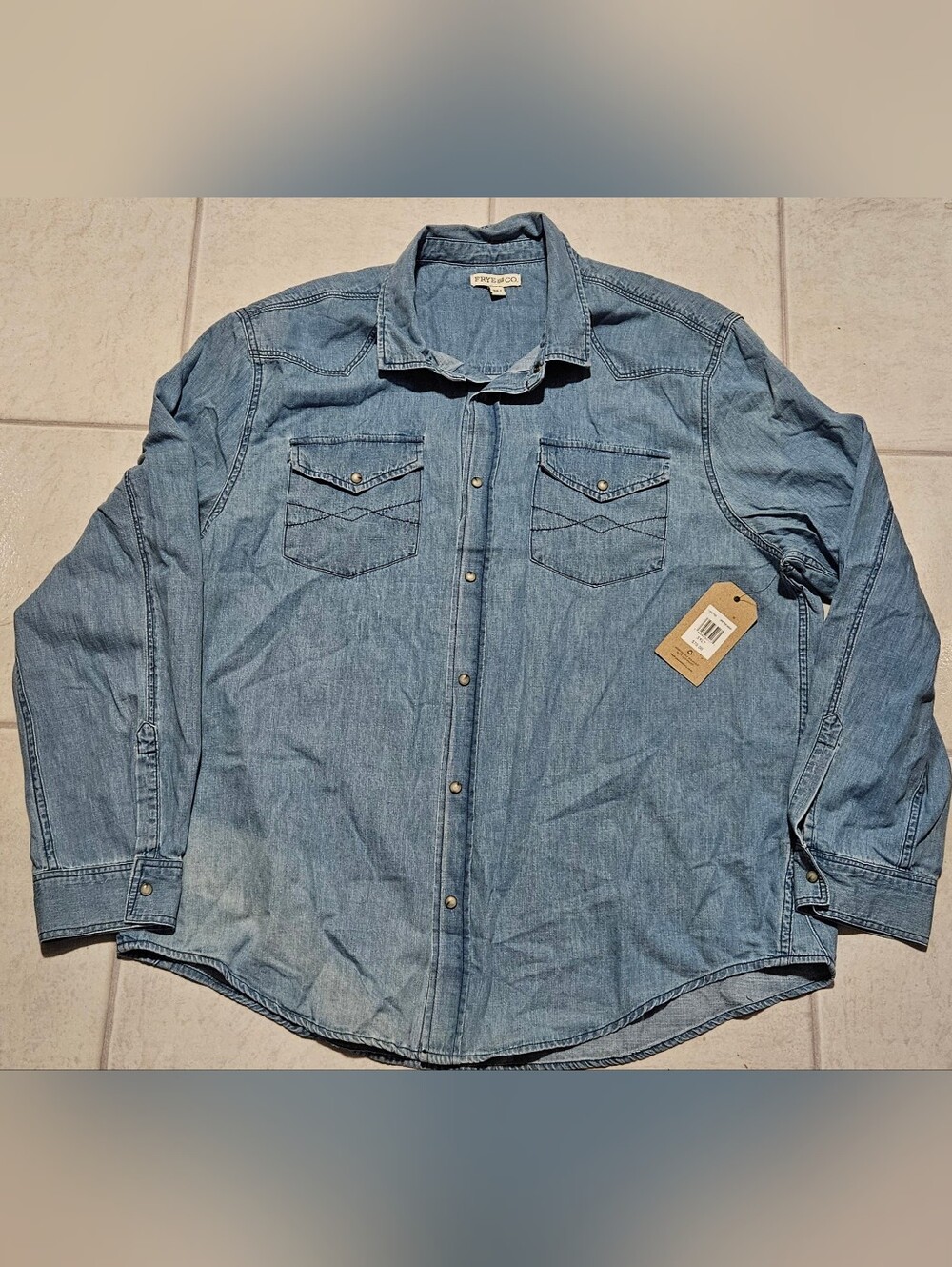 Frye and Co. Men's Blue Denim Button-Up Shirt Long Sleeve 3XLT B&T Distressed